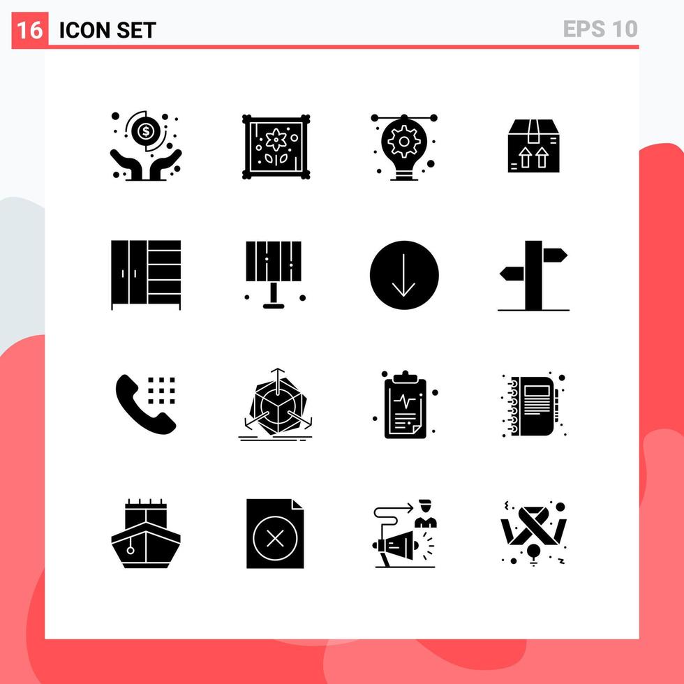 Pack of 16 Modern Solid Glyphs Signs and Symbols for Web Print Media such as lamp interior bulb furniture ecommerce Editable Vector Design Elements