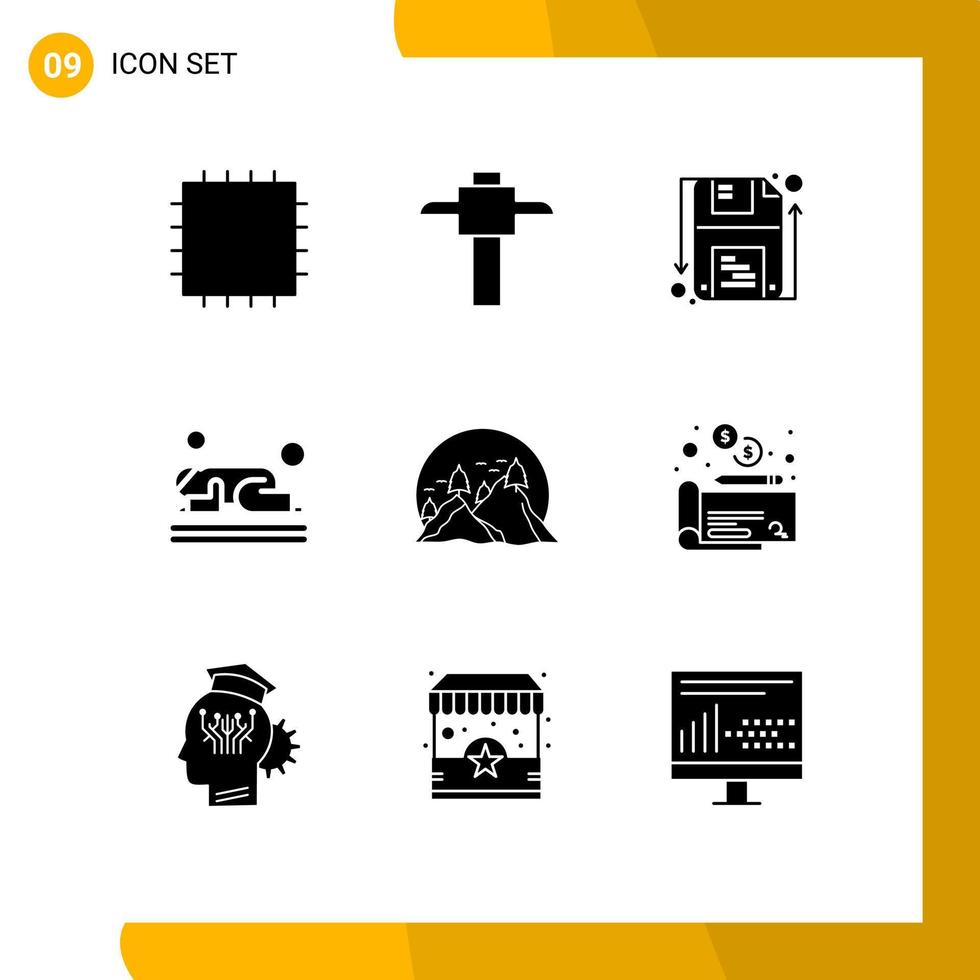 Universal Icon Symbols Group of 9 Modern Solid Glyphs of cheaque mountain muslim nature hill Editable Vector Design Elements