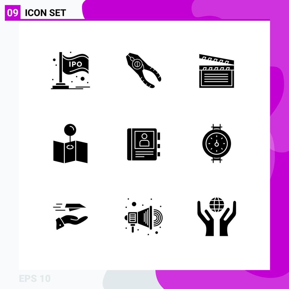 Pack of 9 creative Solid Glyphs of book pin repair map video Editable Vector Design Elements