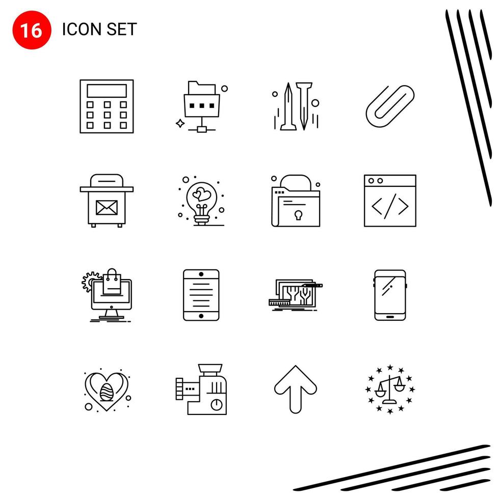 Pack of 16 Modern Outlines Signs and Symbols for Web Print Media such as love postbox hardware post paper Editable Vector Design Elements