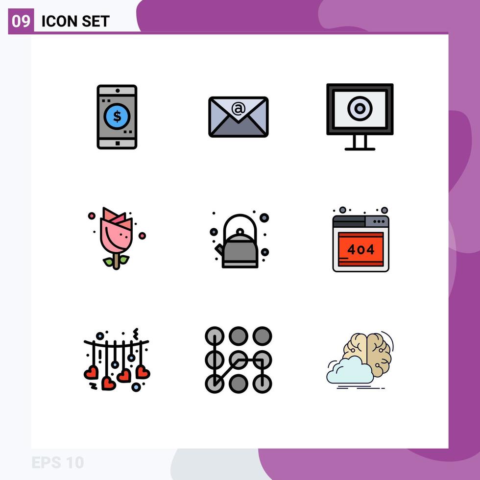 Modern Set of 9 Filledline Flat Colors Pictograph of browser pot stream breakfast nature Editable Vector Design Elements