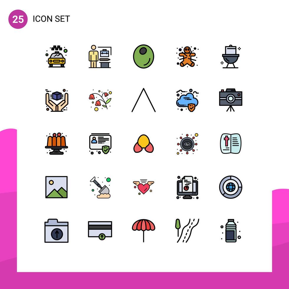 paquete de 25 modernos signos y símbolos de colores planos de línea rellena para medios de impresión web, como baño de inodoro, elementos de diseño de vectores editables de jengibre de halloween de oliva