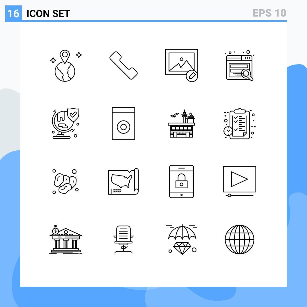 Universal Icon Symbols Group of 16 Modern Outlines of household shield photo security world Editable Vector Design Elements