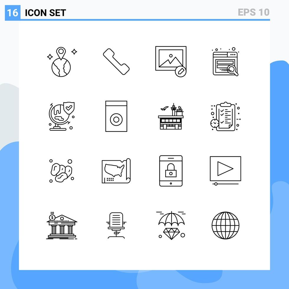 grupo de símbolos de iconos universales de 16 contornos modernos de elementos de diseño vectorial editables del mundo de seguridad fotográfica del escudo doméstico vector