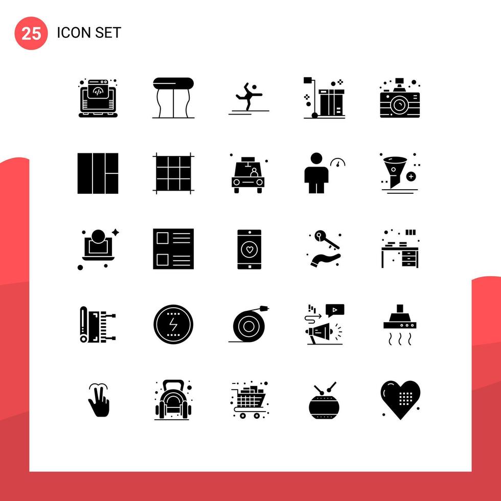 Pictogram Set of 25 Simple Solid Glyphs of communication product gymnastics packaging cart Editable Vector Design Elements