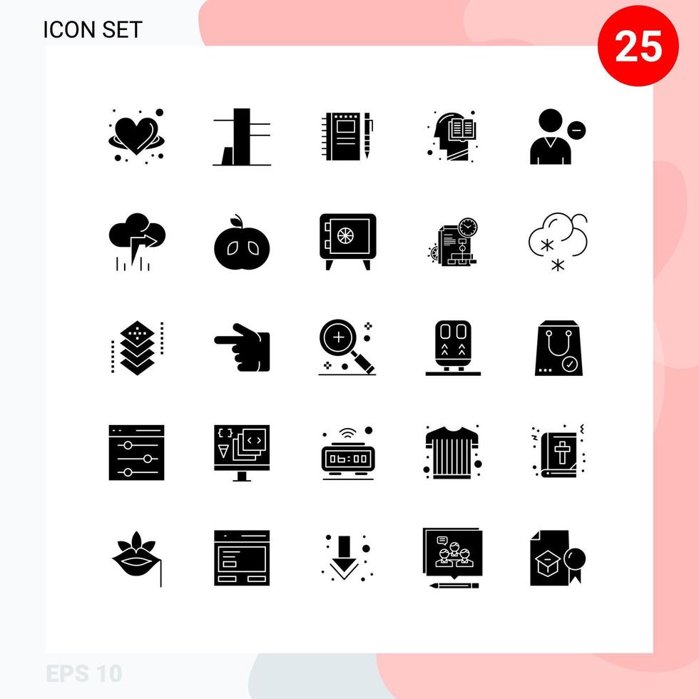 Pictogram Set of 25 Simple Solid Glyphs of human mind notebook human education Editable Vector Design Elements