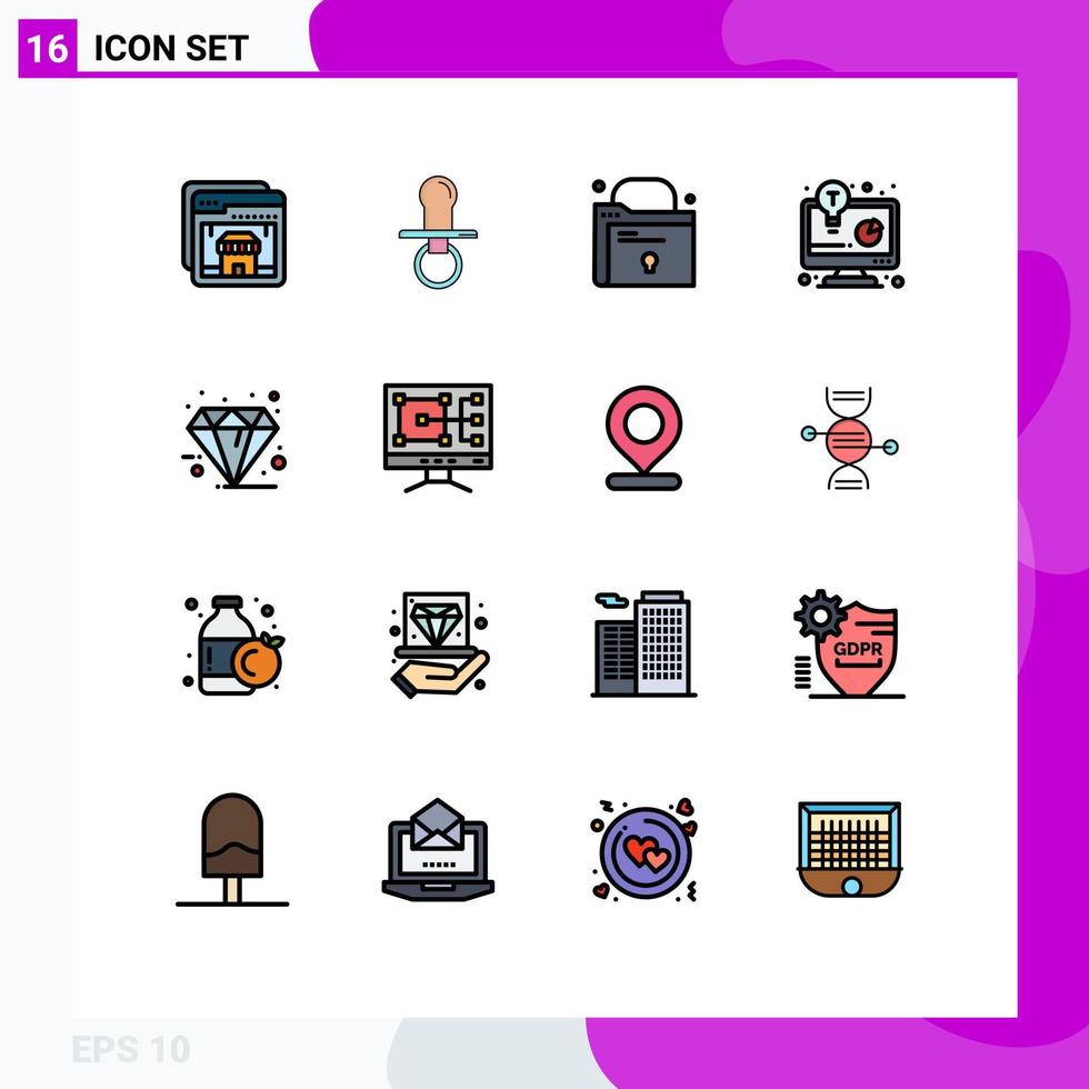 Mobile Interface Flat Color Filled Line Set of 16 Pictograms of diamond business solution kids business report business development Editable Creative Vector Design Elements