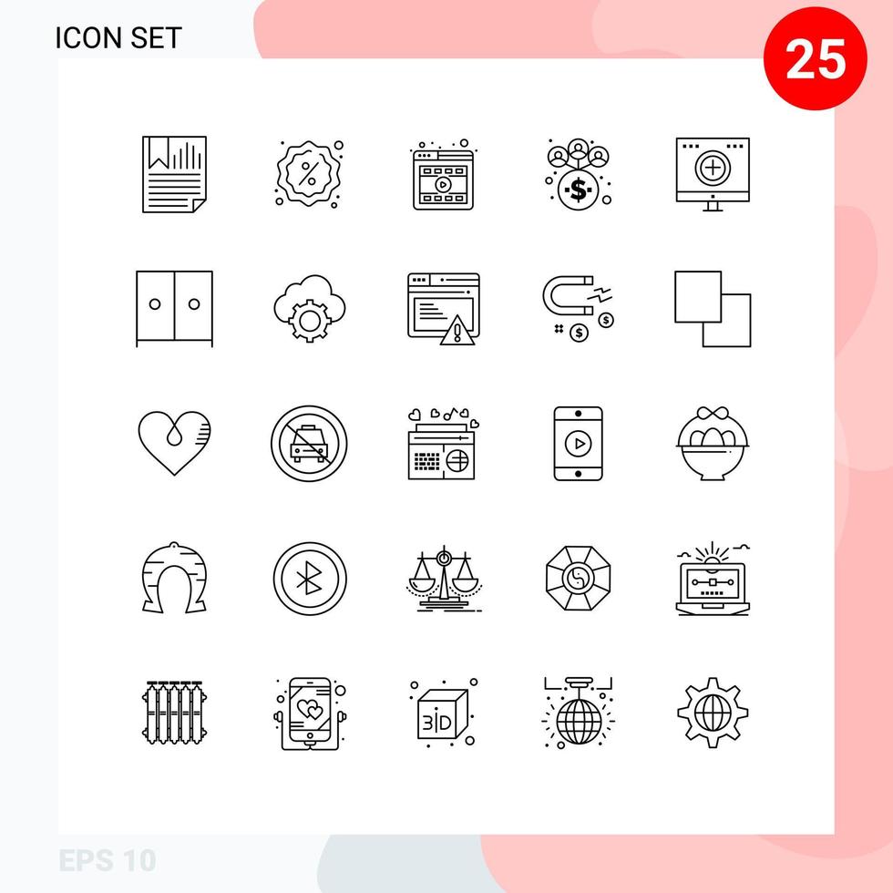 Set of 25 Commercial Lines pack for computer network shopping management online Editable Vector Design Elements