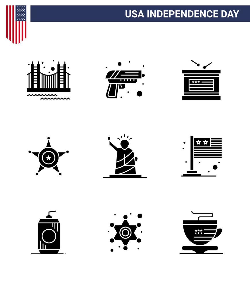 Modern Set of 9 Solid Glyphs and symbols on USA Independence Day such as usa police army men independece Editable USA Day Vector Design Elements