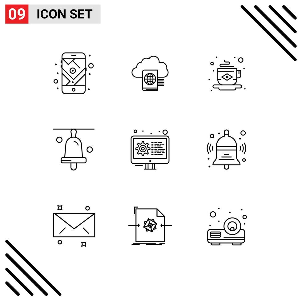 9 Universal Outlines Set for Web and Mobile Applications gear coding breakfast school bell Editable Vector Design Elements