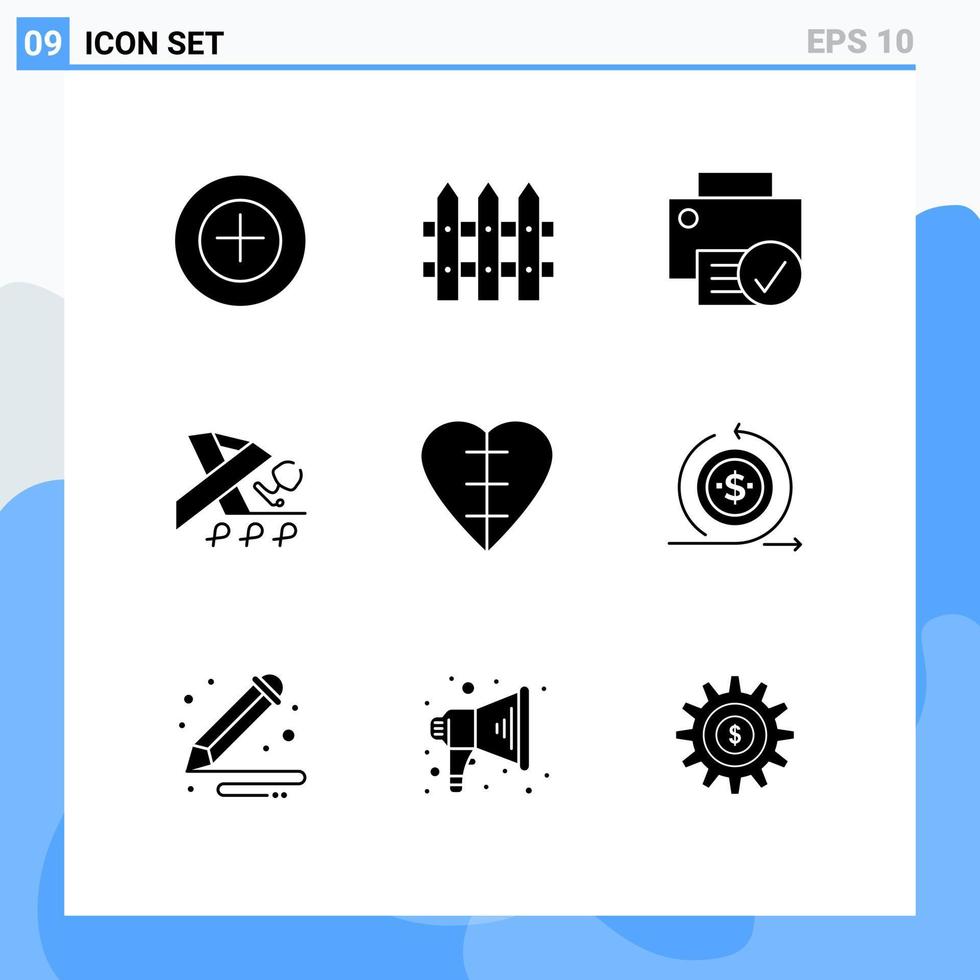 9 Universal Solid Glyphs Set for Web and Mobile Applications human heart heart devices awareness health Editable Vector Design Elements