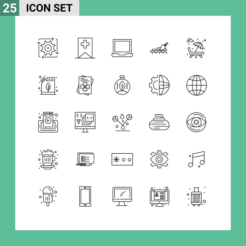 Universal Icon Symbols Group of 25 Modern Lines of park sun bed computer trovel mason Editable Vector Design Elements
