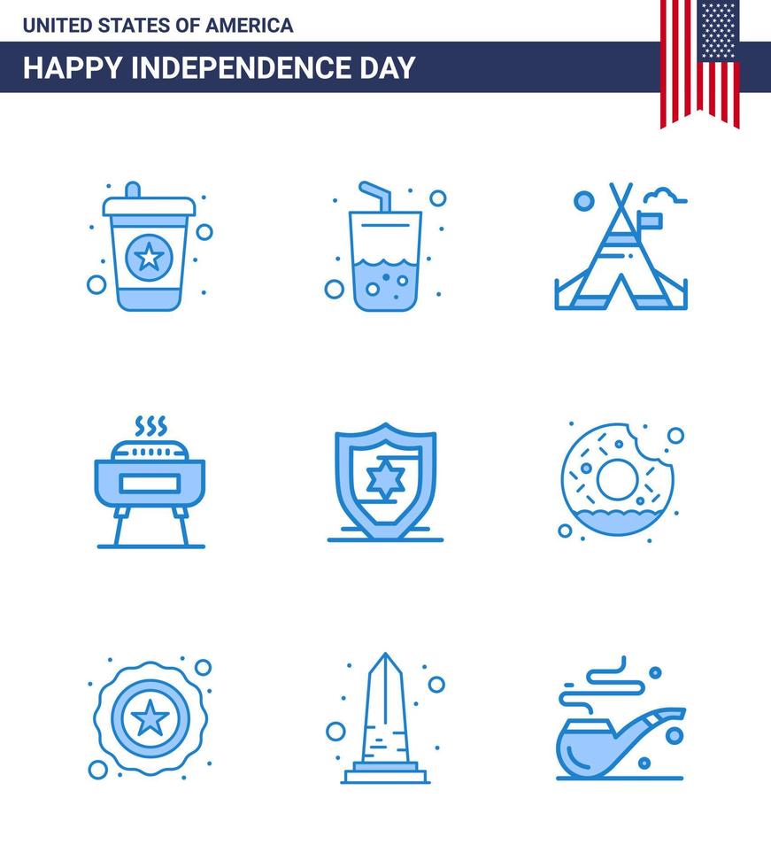 usa feliz día de la independencia pictograma conjunto de 9 blues simple de escudo celebración de vacaciones de carpa americana elementos de diseño de vector de día de estados unidos editables