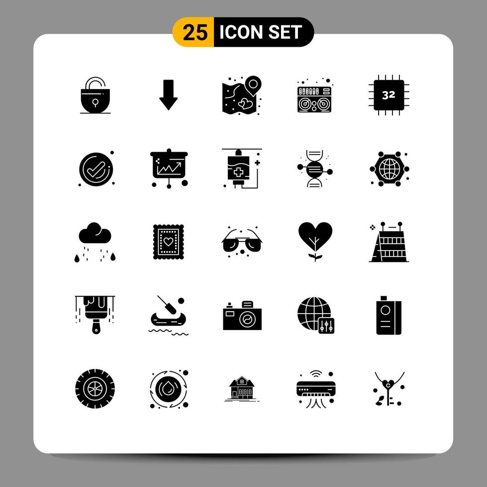 Pack of 25 Modern Solid Glyphs Signs and Symbols for Web Print Media such as computers music heart mixer wedding Editable Vector Design Elements
