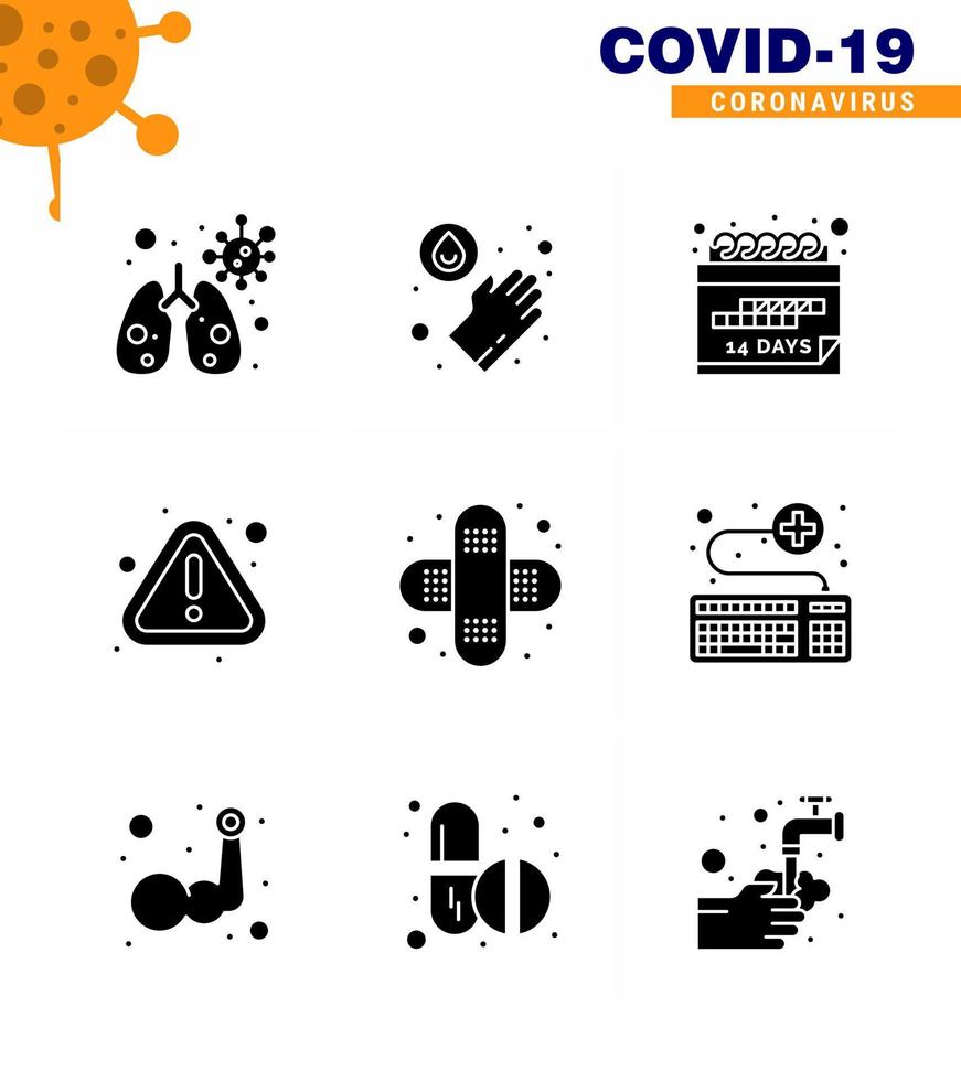 Coronavirus Precaution Tips icon for healthcare guidelines presentation 9 Solid Glyph Black icon pack such as  attach bandage quarantine aid warning viral coronavirus 2019nov disease Vector Desig