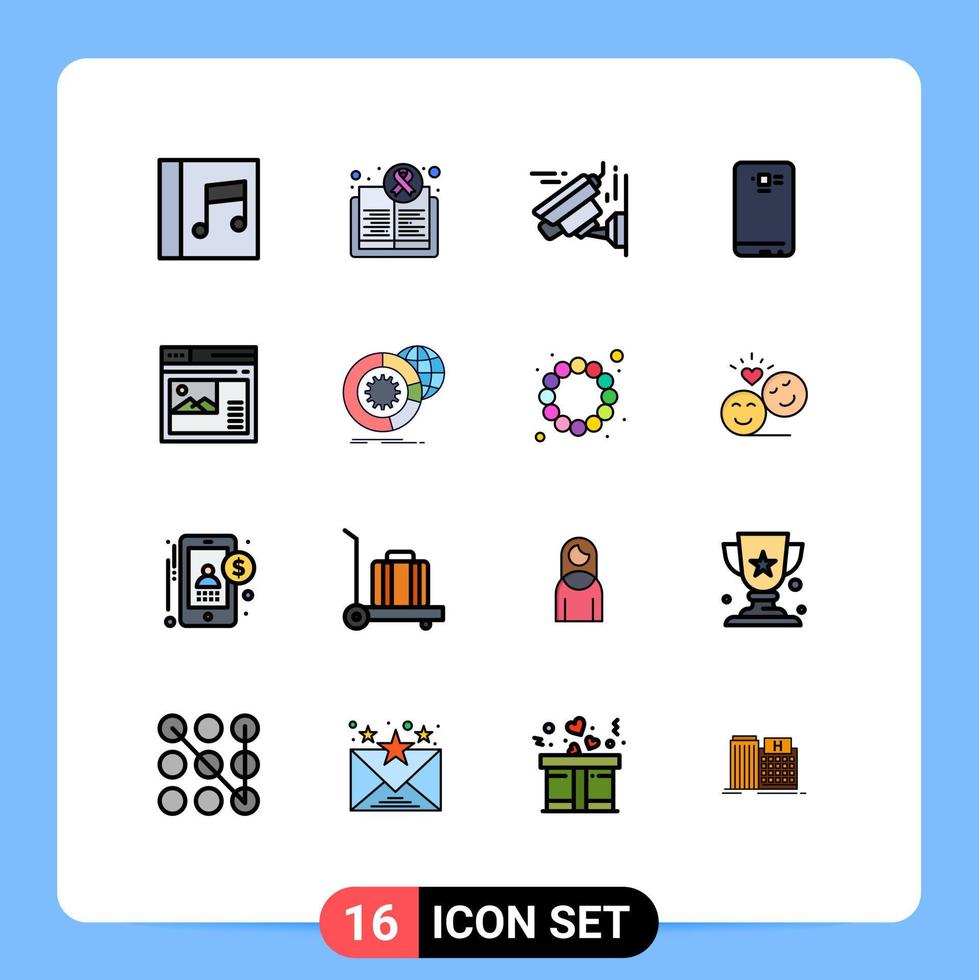 16 Thematic Vector Flat Color Filled Lines and Editable Symbols of page camera camera back smart phone Editable Creative Vector Design Elements
