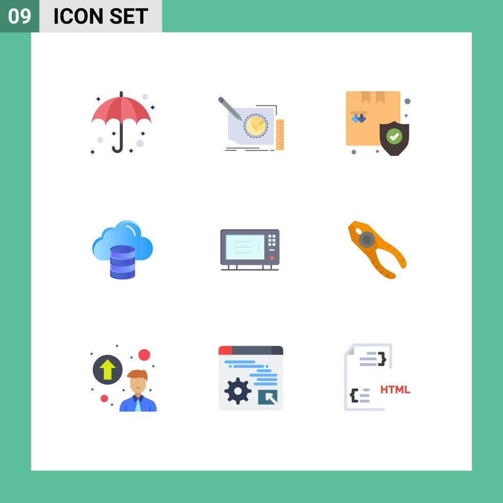 Mobile Interface Flat Color Set of 9 Pictograms of electric money text computing security Editable Vector Design Elements