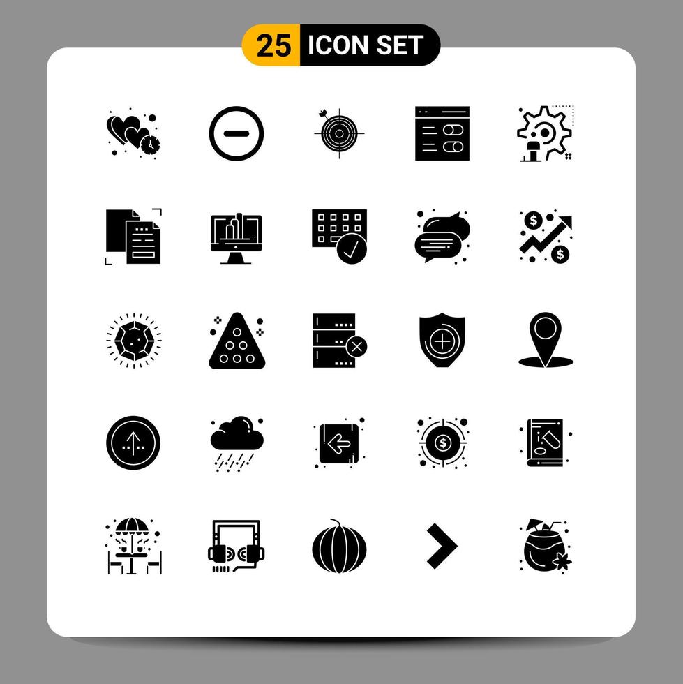 Set of 25 Vector Solid Glyphs on Grid for setting settings focus interface target Editable Vector Design Elements