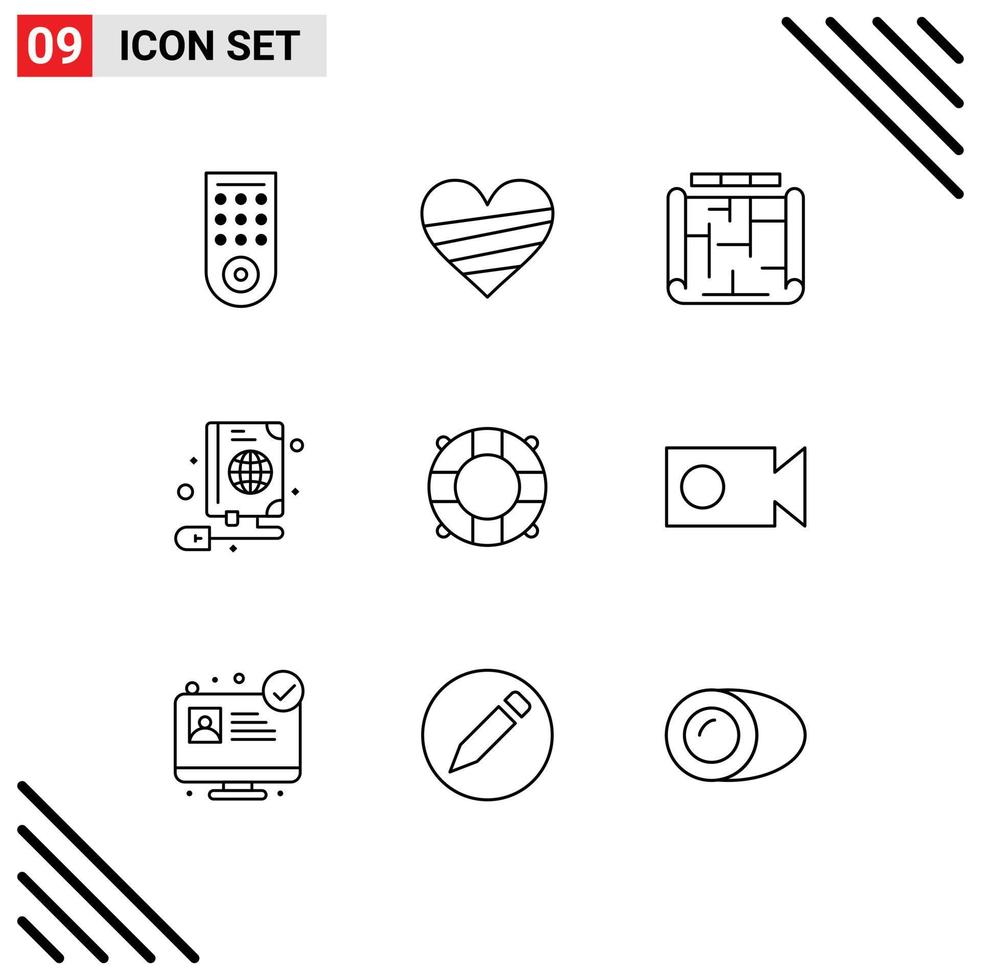 conjunto de 9 iconos de interfaz de usuario modernos símbolos signos para elementos de diseño vectorial editables de ratón web de arquitectura de globo salvavidas vector