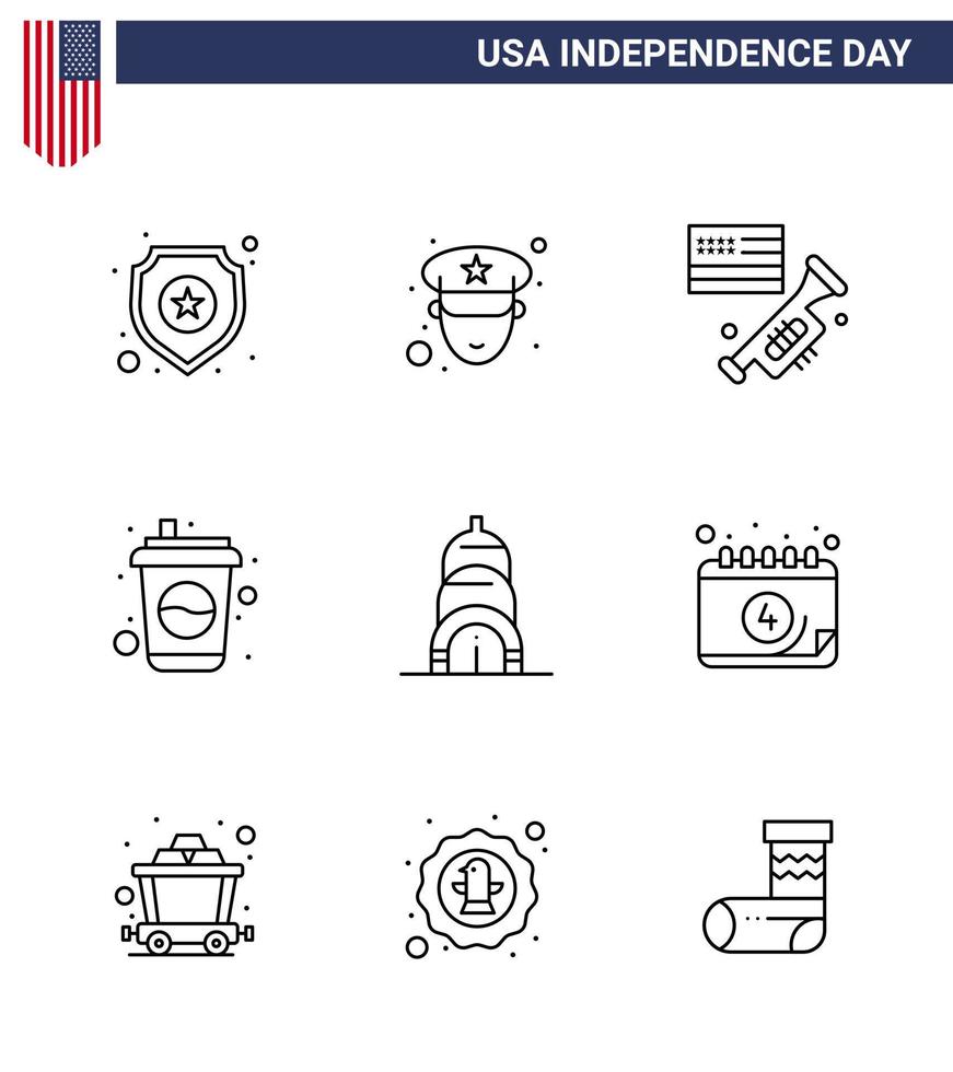 Pack of 9 USA Independence Day Celebration Lines Signs and 4th July Symbols such as usa chrysler speaker soda cola Editable USA Day Vector Design Elements