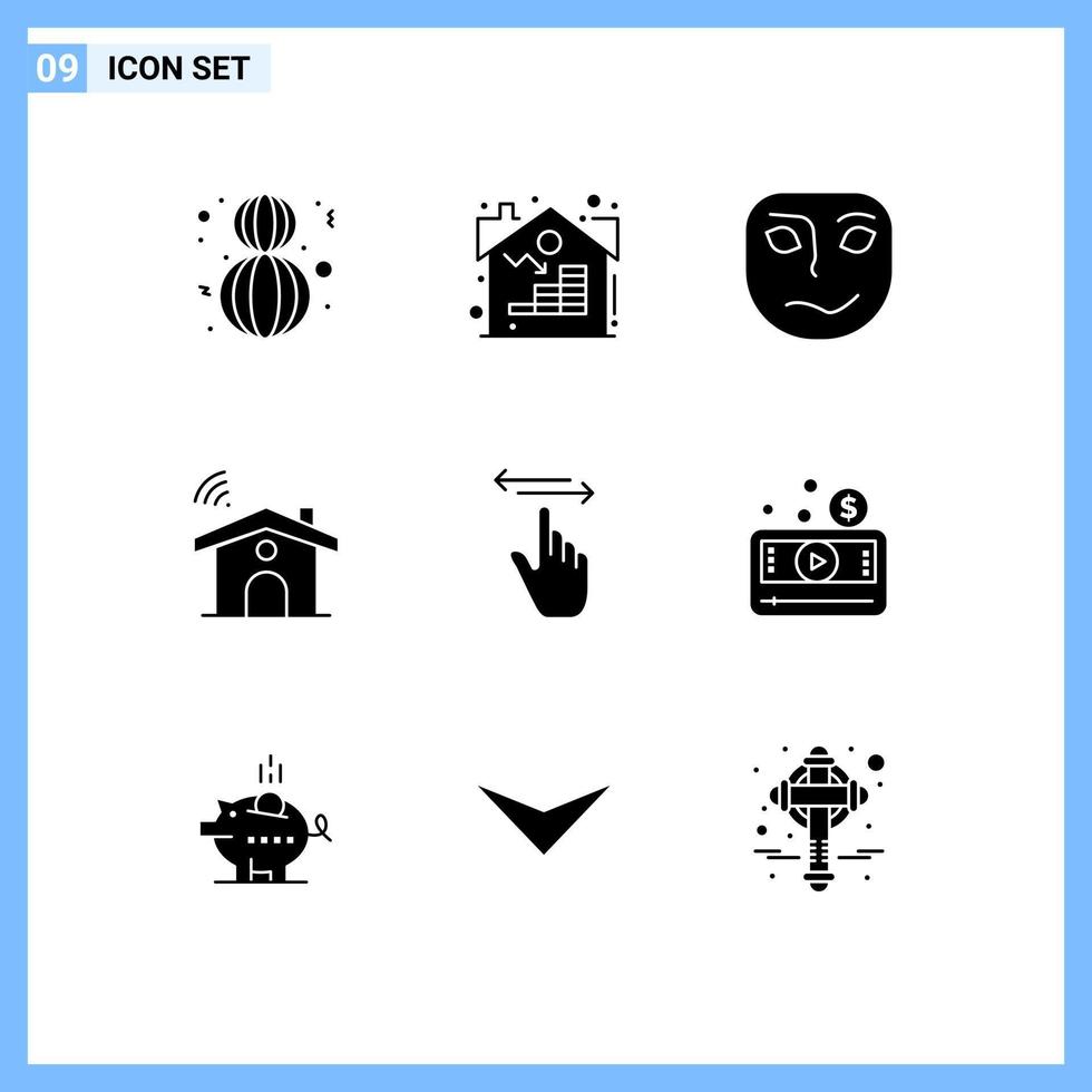 Mobile Interface Solid Glyph Set of 9 Pictograms of gestures house cheerful signal wifi Editable Vector Design Elements