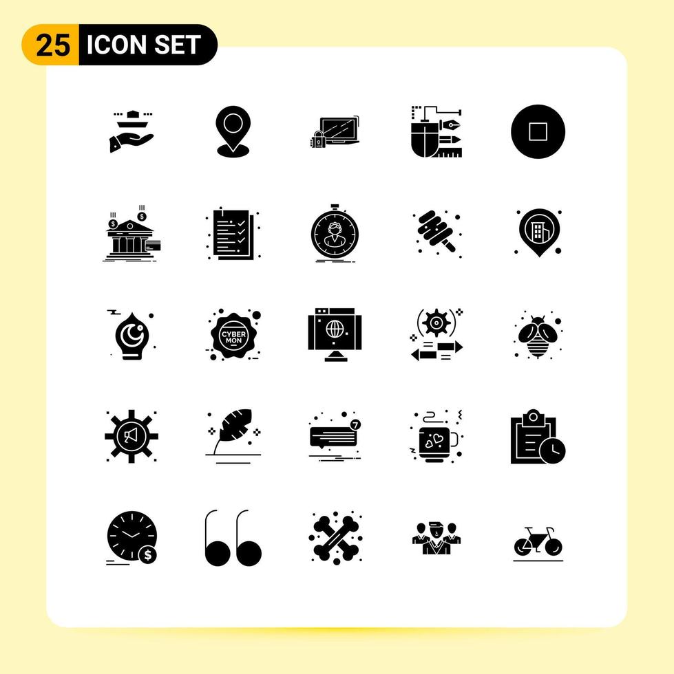Pack of 25 creative Solid Glyphs of pencil drawing pin mouse lock Editable Vector Design Elements