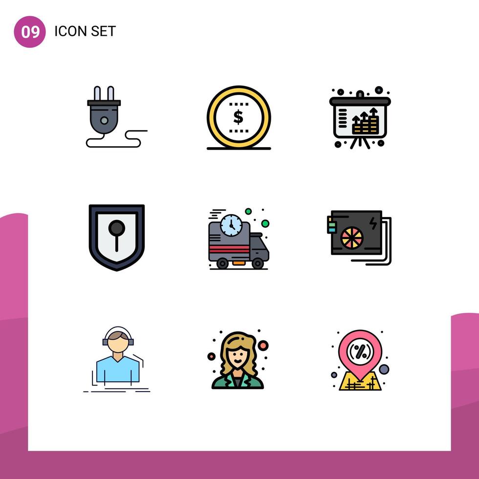Pictogram Set of 9 Simple Filledline Flat Colors of truck delivery assets fast location Editable Vector Design Elements