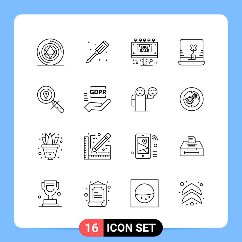 Paquete de iconos negros de 16 líneas símbolos de contorno para aplicaciones móviles aisladas en fondo blanco 16 iconos establecen fondo de vector de icono negro creativo