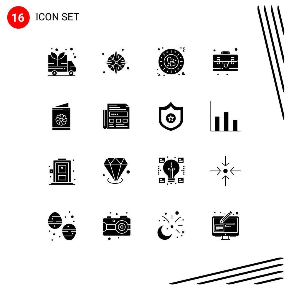 User Interface Pack of 16 Basic Solid Glyphs of identification card card love business card briefcase Editable Vector Design Elements