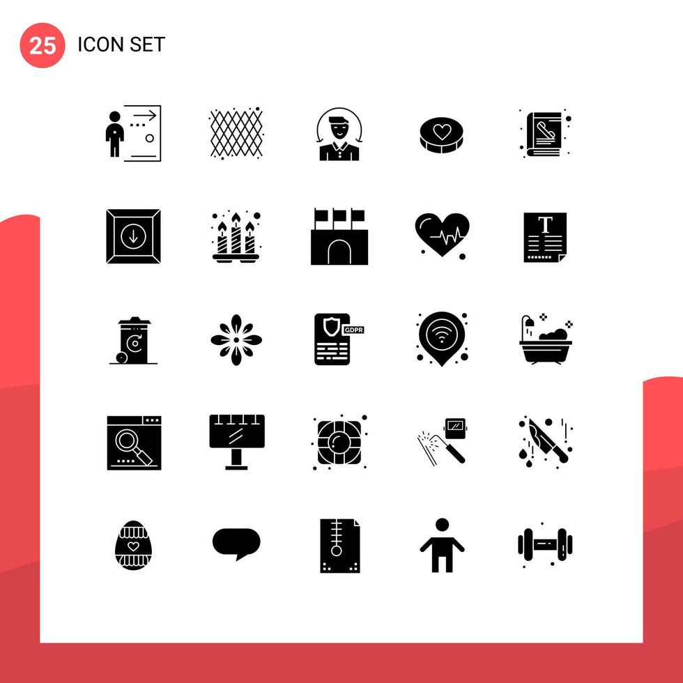 Set of 25 Commercial Solid Glyphs pack for book love pattern heart services Editable Vector Design Elements