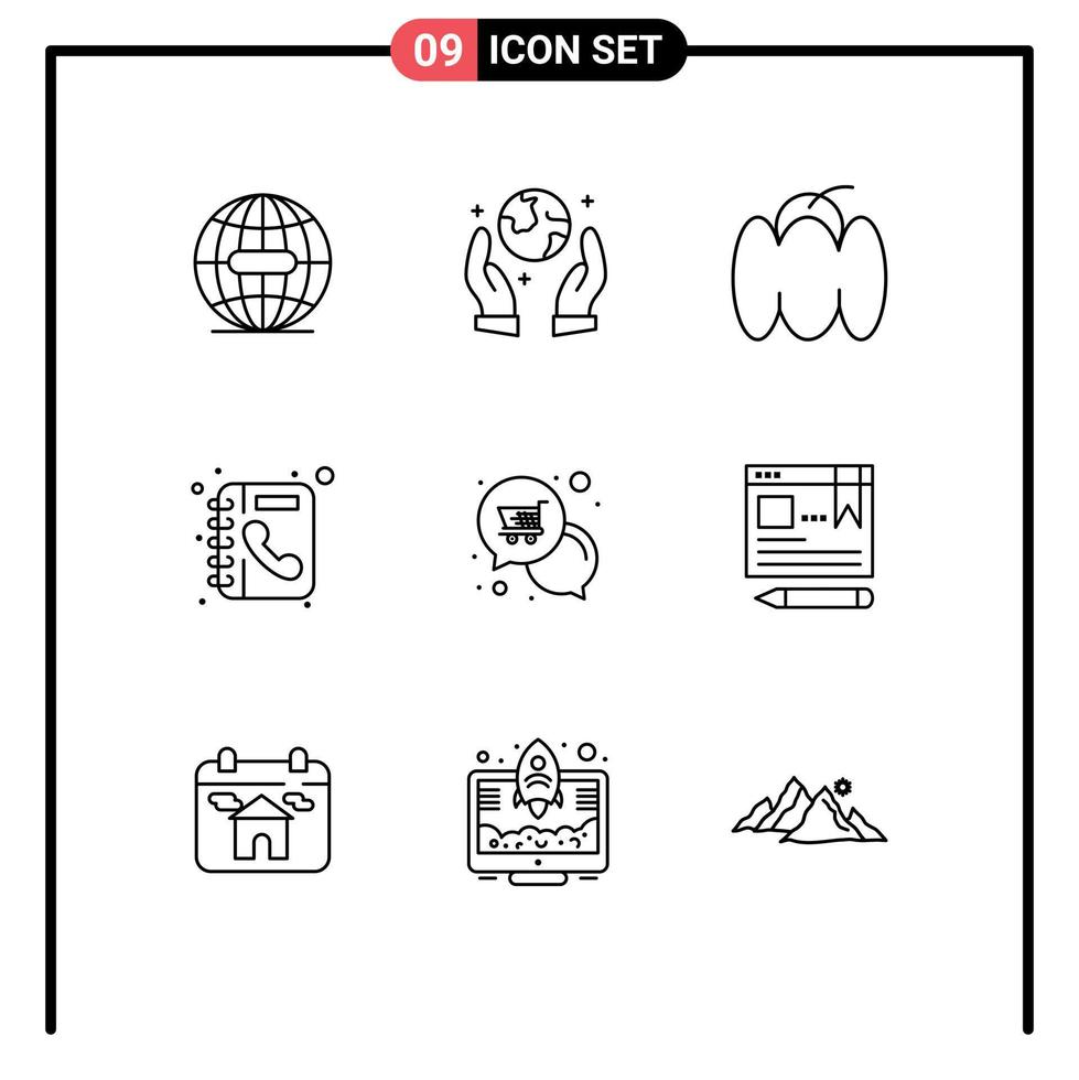 Universal Icon Symbols Group of 9 Modern Outlines of offer mail food phone book directory Editable Vector Design Elements