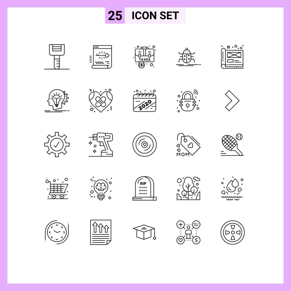 Group of 25 Lines Signs and Symbols for testing bugs password bug briefcase Editable Vector Design Elements