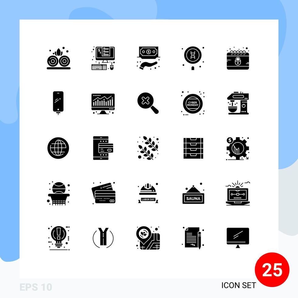 Modern Set of 25 Solid Glyphs Pictograph of search laboratory financing dna service Editable Vector Design Elements
