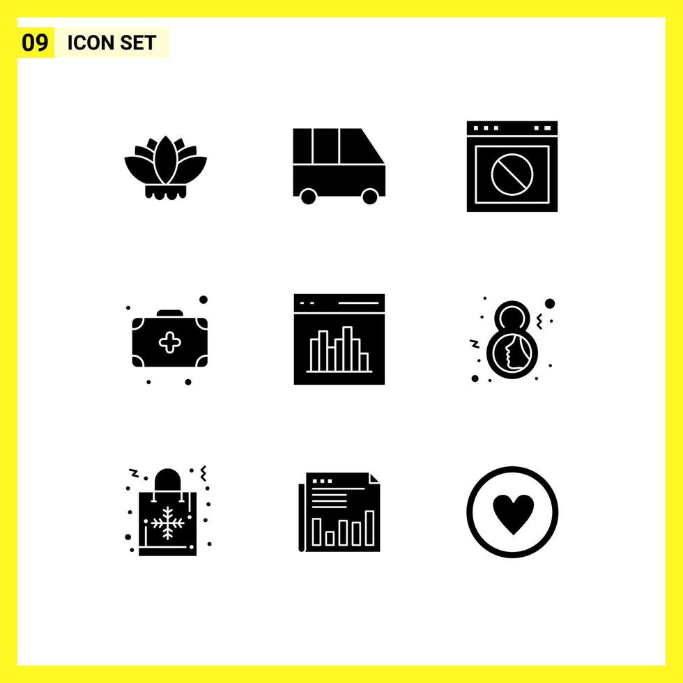 Pack of 9 Modern Solid Glyphs Signs and Symbols for Web Print Media such as communication app stop medicine bag Editable Vector Design Elements