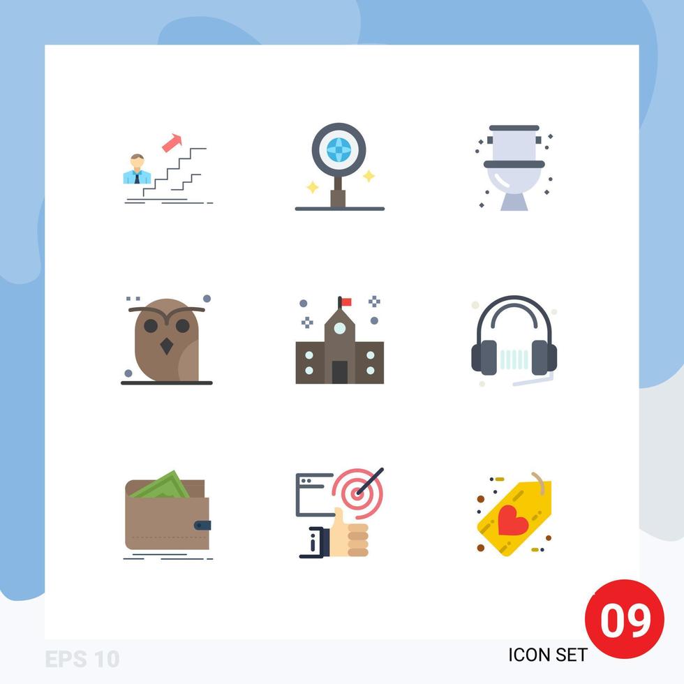 Pictogram Set of 9 Simple Flat Colors of building owl mechanical night animal Editable Vector Design Elements