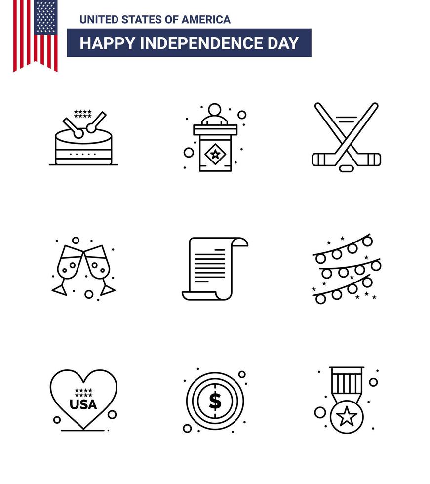Pack of 9 creative USA Independence Day related Lines of american file hokey wine glass beer Editable USA Day Vector Design Elements