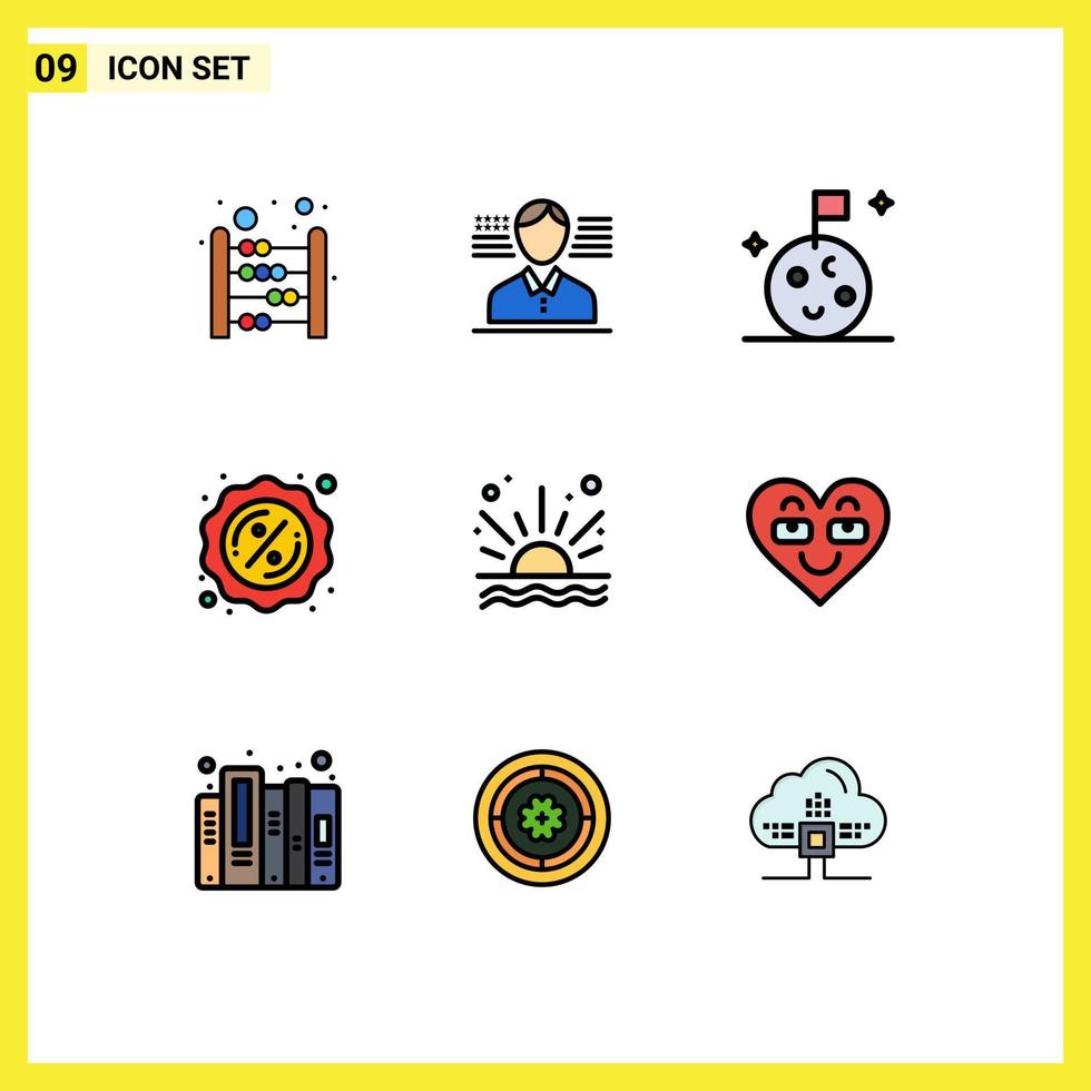 9 paquete de color plano de línea de relleno de interfaz de usuario de signos y símbolos modernos de elementos de diseño de vector editables de emoji amanecer luna mar etiqueta