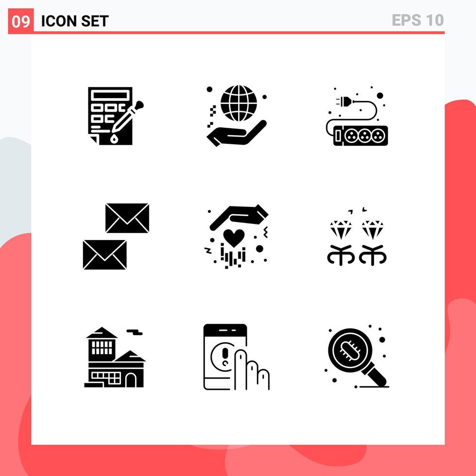 Set of 9 Commercial Solid Glyphs pack for gift email donate contact us communication Editable Vector Design Elements
