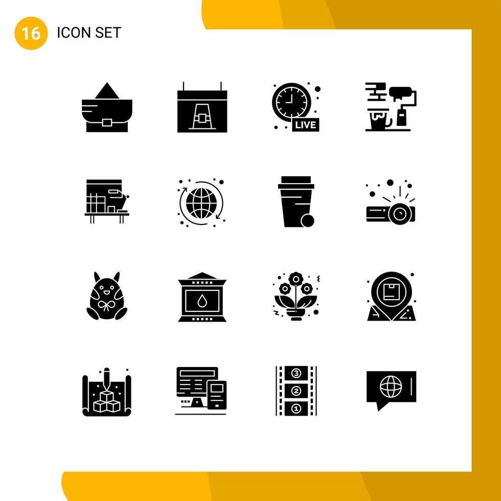 Modern Set of 16 Solid Glyphs Pictograph of desk brush alarm paint paint brush Editable Vector Design Elements