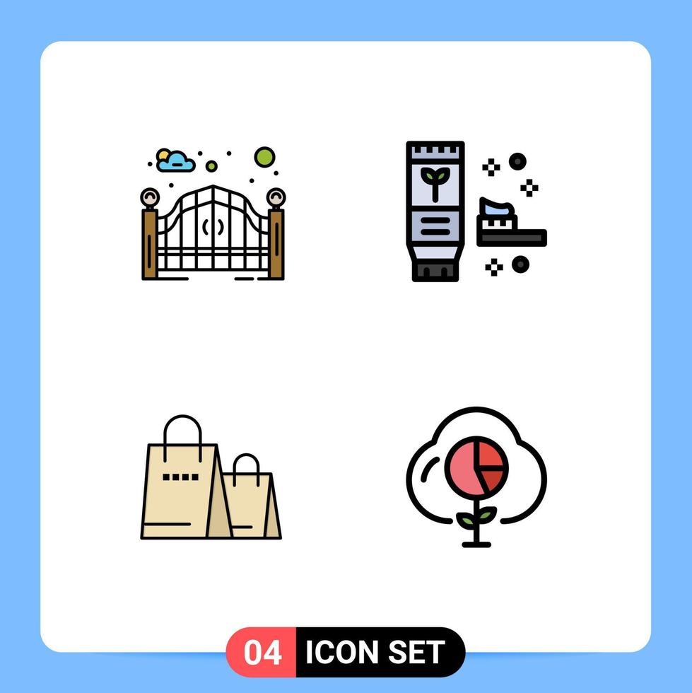 interfaz móvil línea de relleno conjunto de colores planos de 4 pictogramas de bolso de jardín puerta de la calle tienda natural elementos de diseño vectorial editables vector
