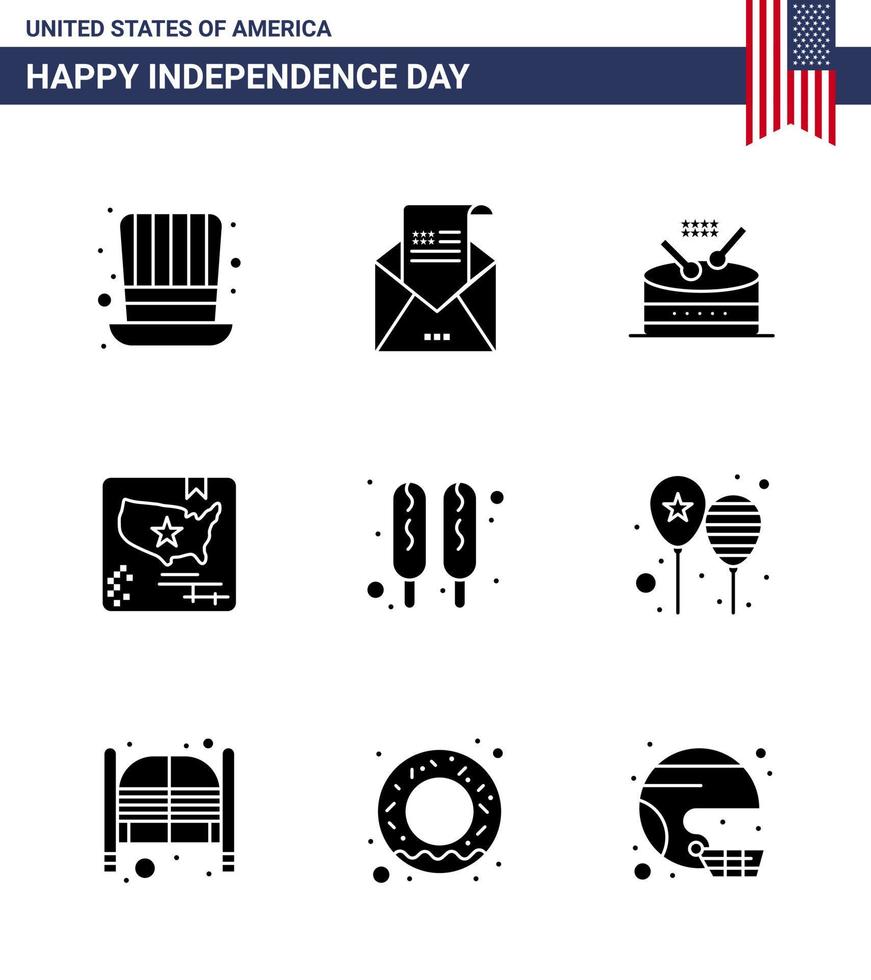 Modern Set of 9 Solid Glyphs and symbols on USA Independence Day such as corn dog map mail flag parade Editable USA Day Vector Design Elements