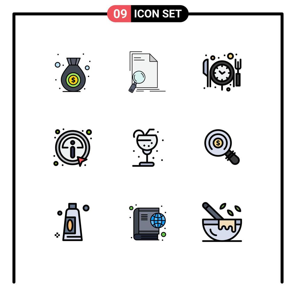 9 Thematic Vector Filledline Flat Colors and Editable Symbols of glass beverage food information details Editable Vector Design Elements