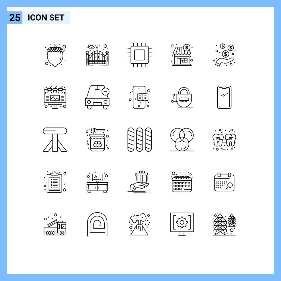 Pack of 25 Modern Lines Signs and Symbols for Web Print Media such as hand dollar computers store shop Editable Vector Design Elements