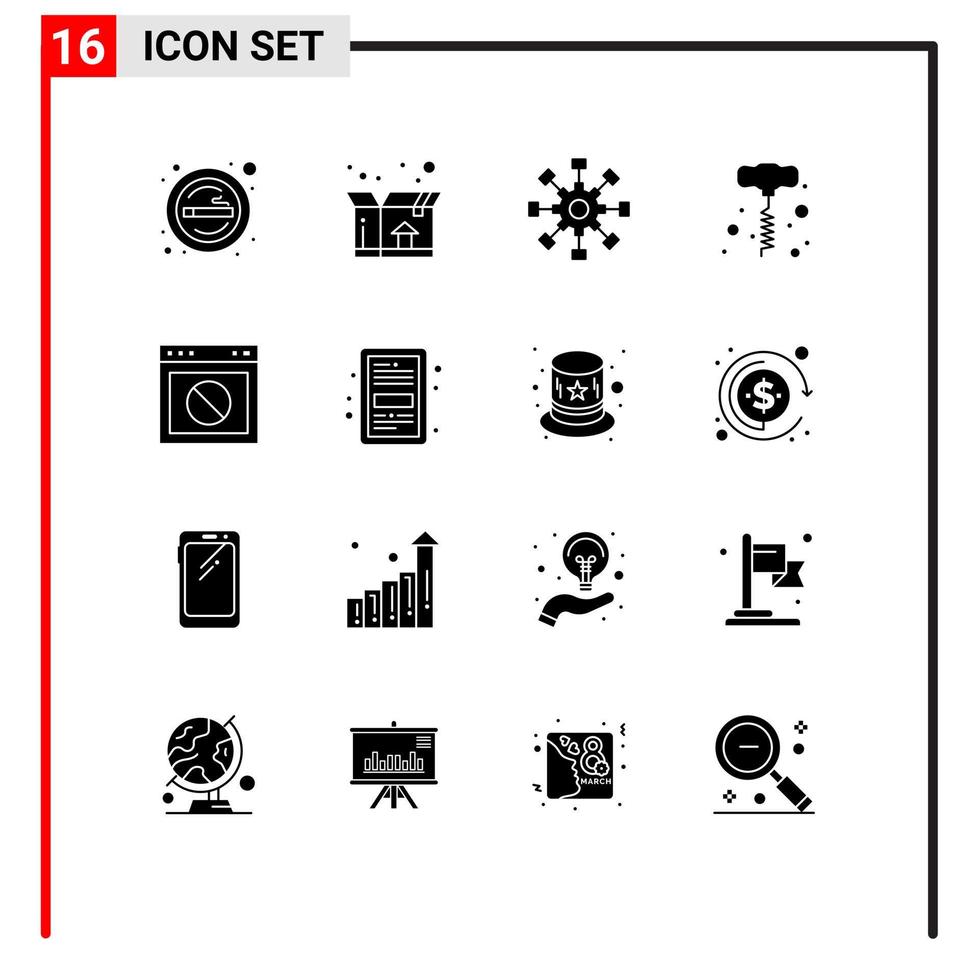 Group of 16 Solid Glyphs Signs and Symbols for stop power tools business hand drill teamwork Editable Vector Design Elements