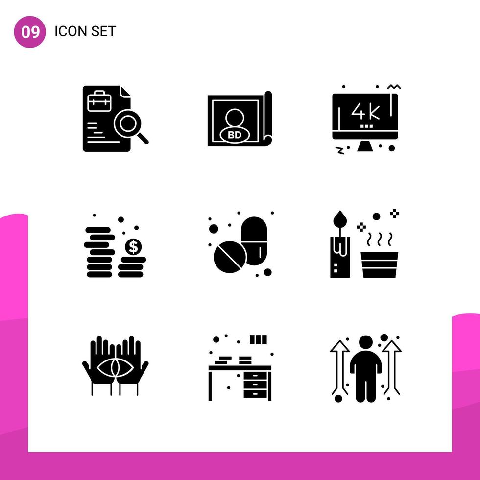 Glyph Icon set Pack of 9 Solid Icons isolated on White Background for responsive Website Design Print and Mobile Applications Creative Black Icon vector background