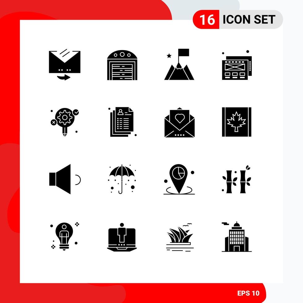 Mobile Interface Solid Glyph Set of 16 Pictograms of care creative mission gear web Editable Vector Design Elements