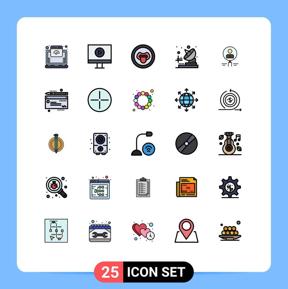 Group of 25 Modern Filled line Flat Colors Set for human glass lab find telecommunication Editable Vector Design Elements