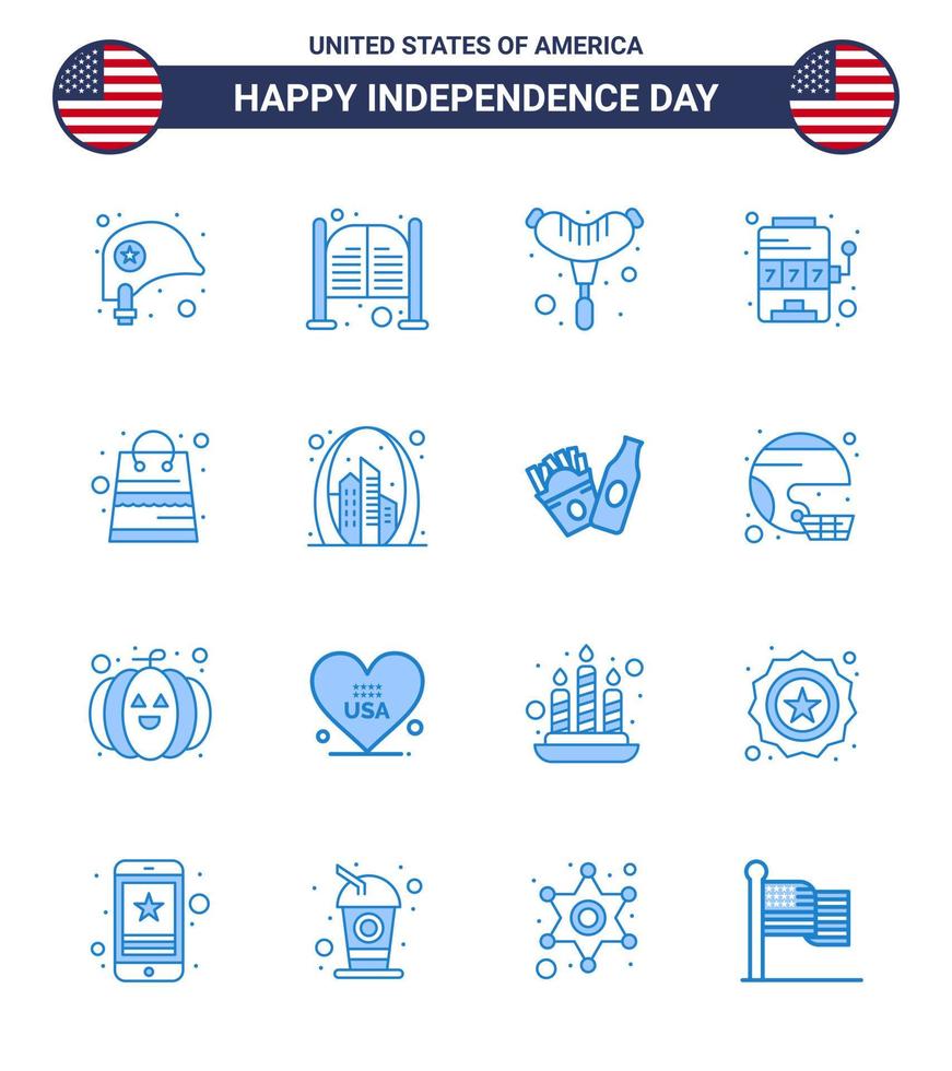 USA Independence Day Blue Set of 16 USA Pictograms of money game entrance slot casino Editable USA Day Vector Design Elements