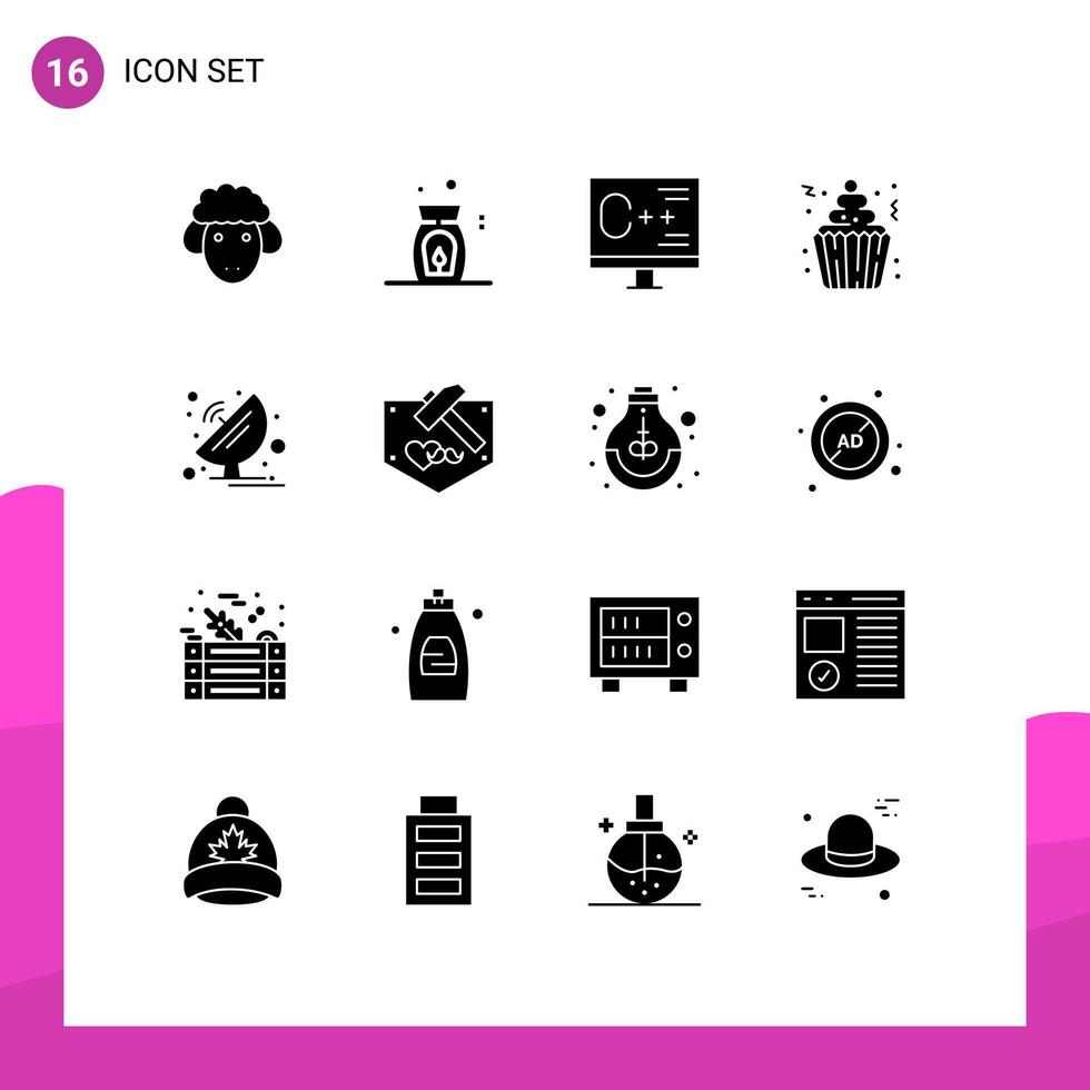 16 Universal Solid Glyphs Set for Web and Mobile Applications antenna cupcakes computer cupcake cake Editable Vector Design Elements