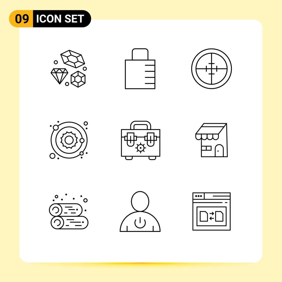 Group of 9 Outlines Signs and Symbols for bag star army planet target Editable Vector Design Elements